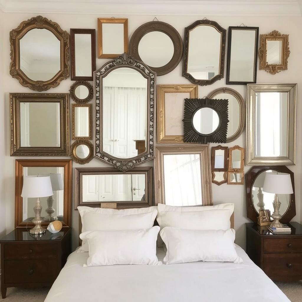 A bedroom with a collection of mirrors in various sizes and styles arranged asymmetrically above a bed