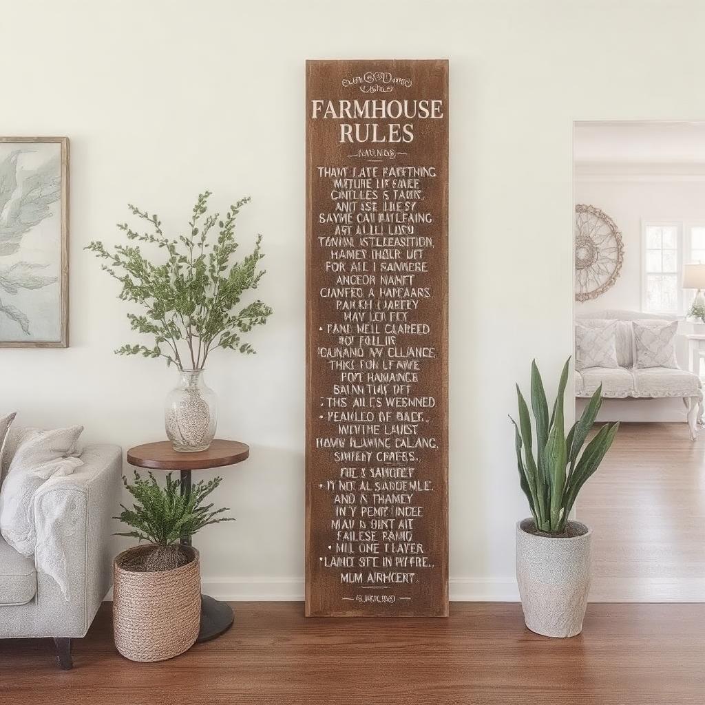 Farmhouse Rules sign in rustic style for living room entryway