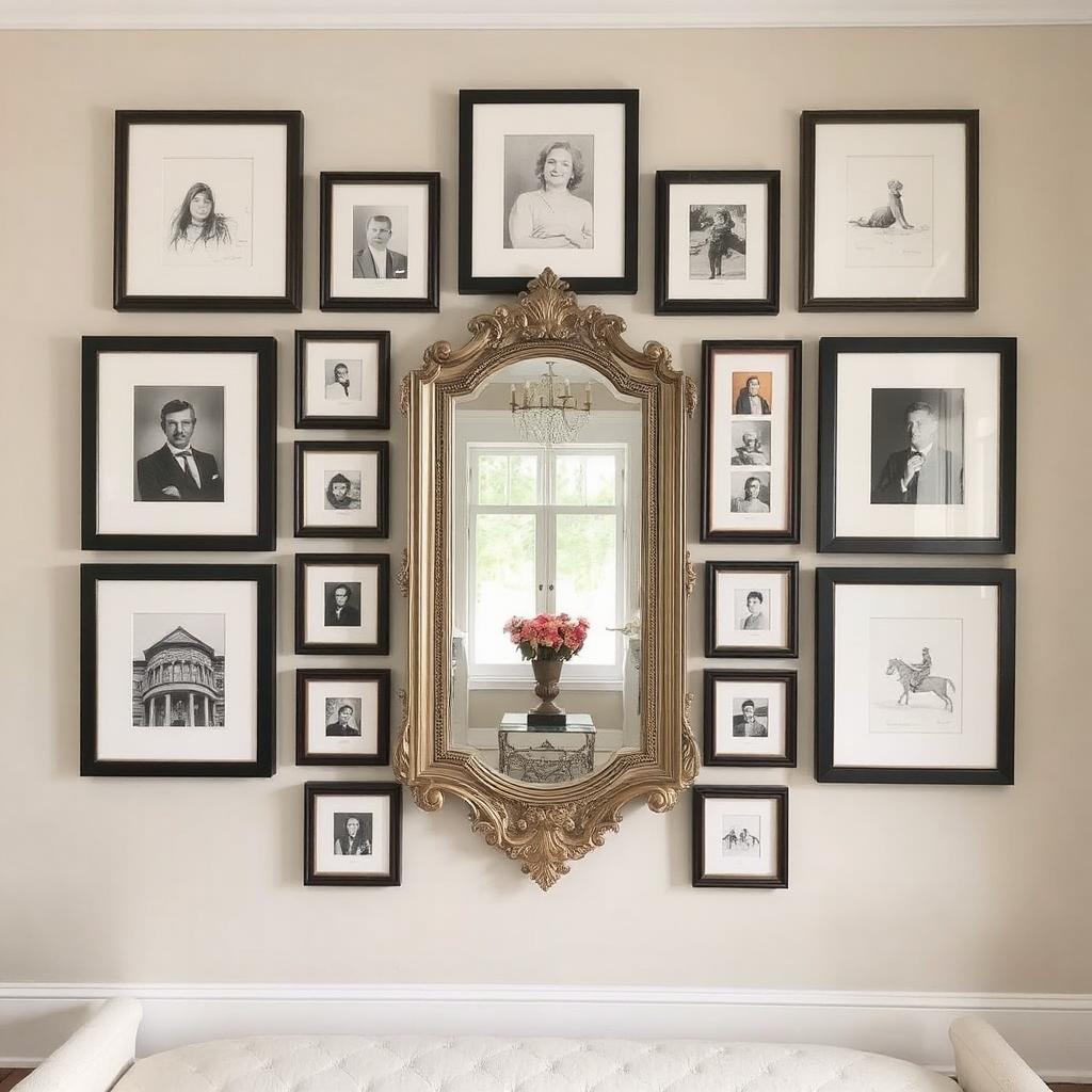 Gallery wall with a mirrored centerpiece—flanked by identical frames for a symmetrical, cohesive look