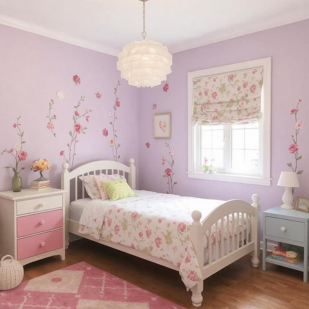 Child’s bedroom decorated with peel-and-stick floral decals—easy and affordable wall decor solution