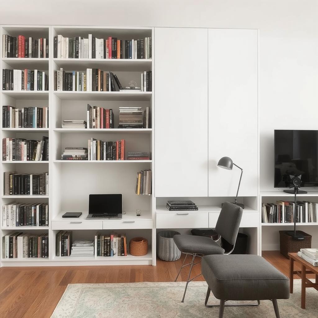 A bookshelf that integrates a small workspace or media center, blending seamlessly into the living room.