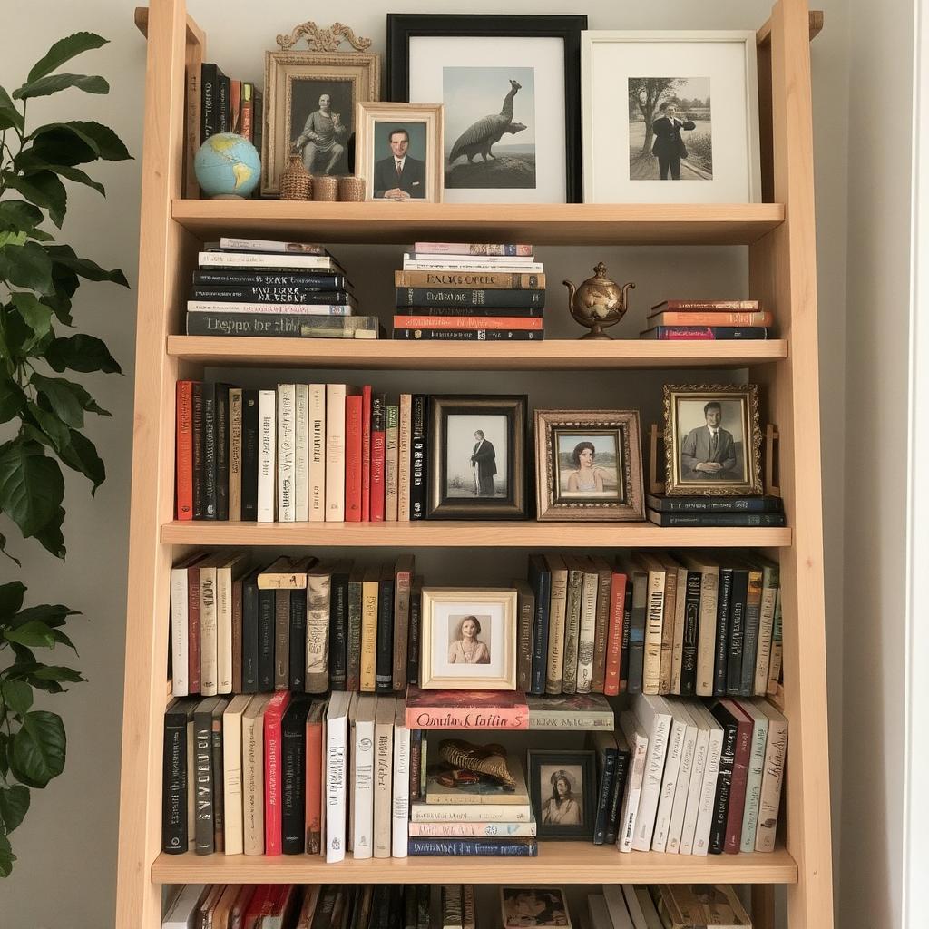 A well-styled ladder bookshelf with a mix of books, art pieces, framed photos, and decorative trinkets placed strategically to avoid overcrowding.