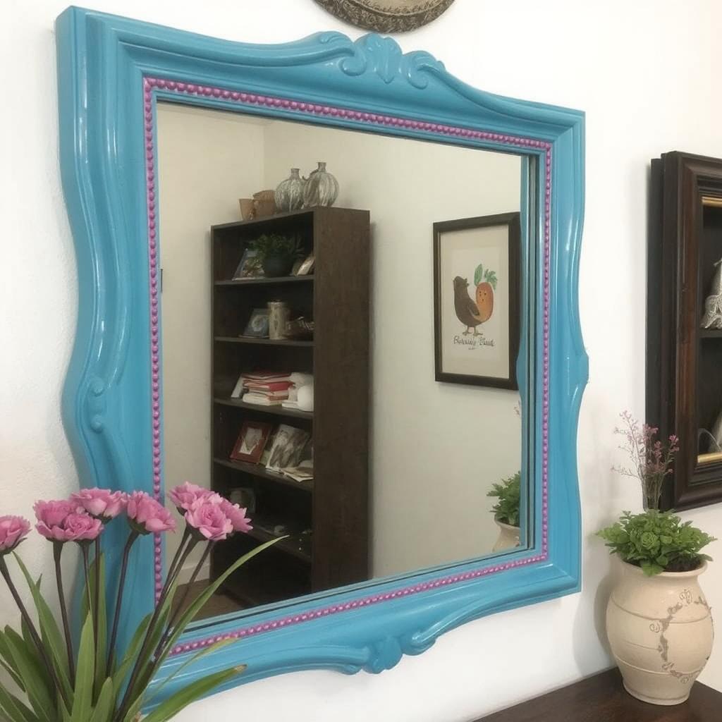 Custom painted mirror frame in a vibrant color, adding a personal touch to wall decor.