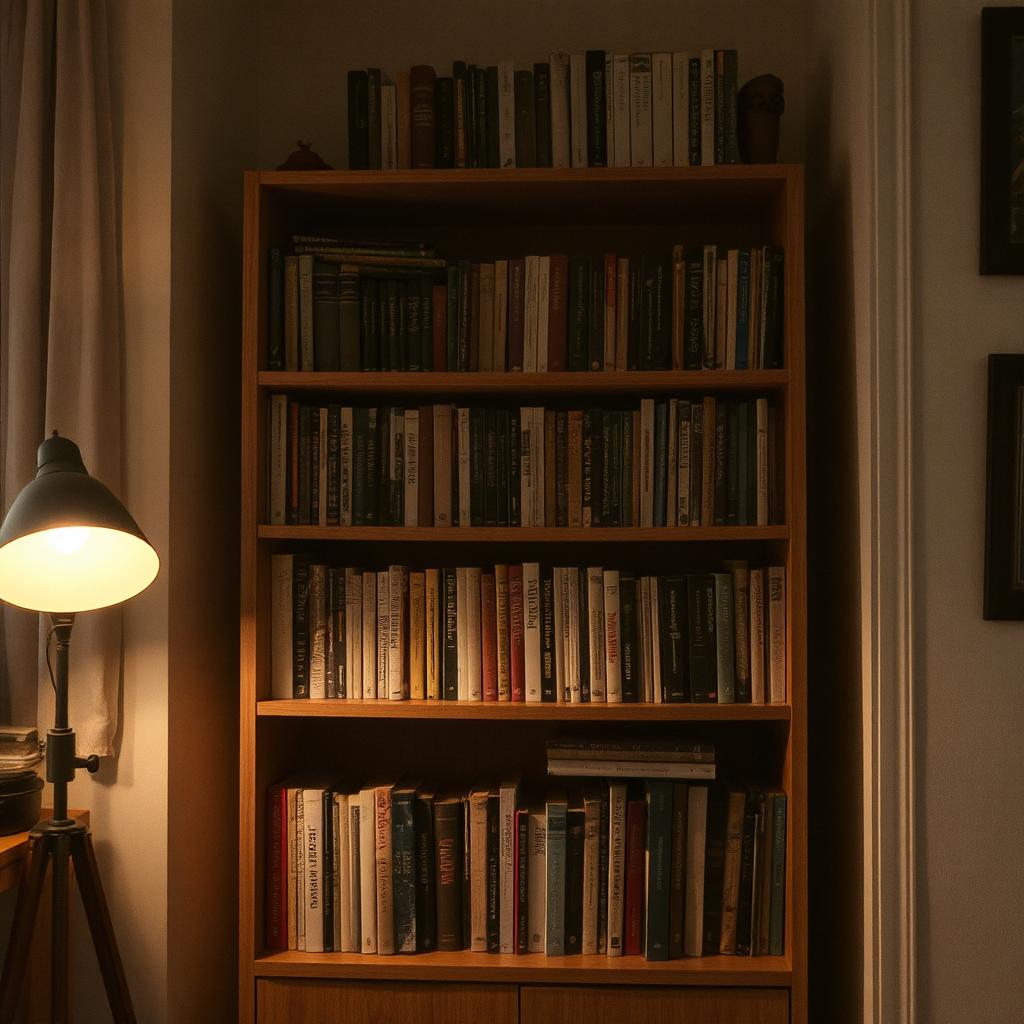 A bookshelf illuminated by a nearby floor lamp 1