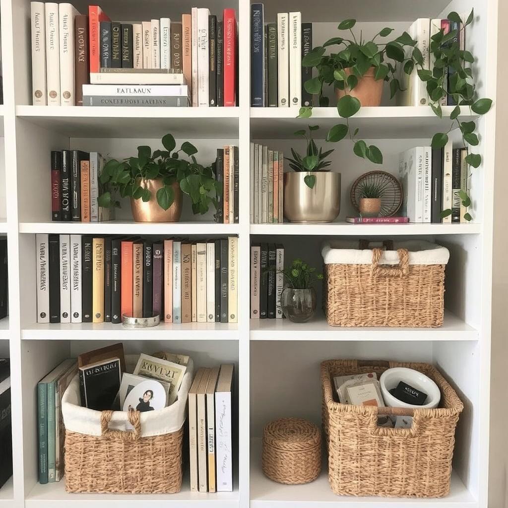 A bookshelf with a mix of books, plants, and stylish baskets filled with extra items, arranged neatly on the shelves.