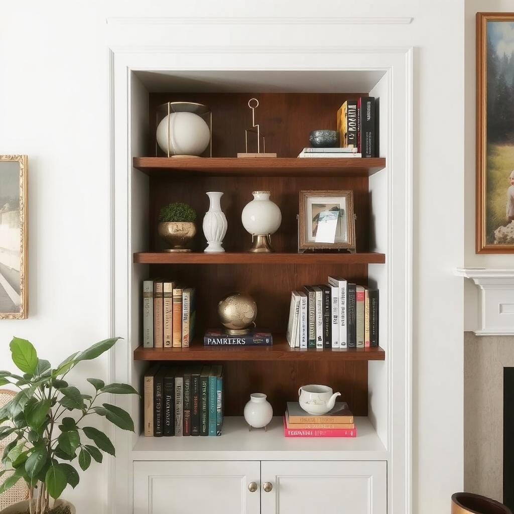 a built-in bookshelf with varying heights of decor items and books, showing how scale can bring a sense of balance and order to the shelf.