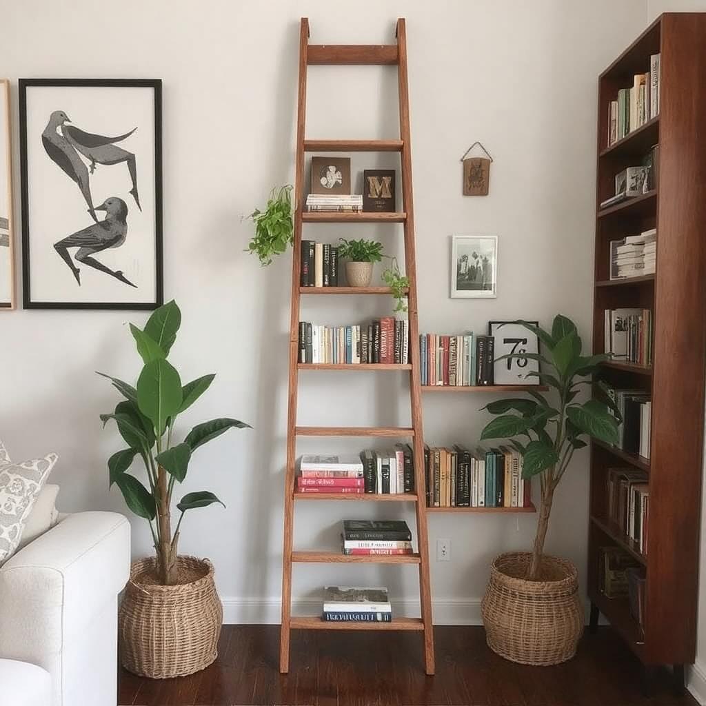 A ladder bookshelf placed between two sections of a room, acting as a stylish partition. Decorated with books and a few plants to give it a cozy vibe.