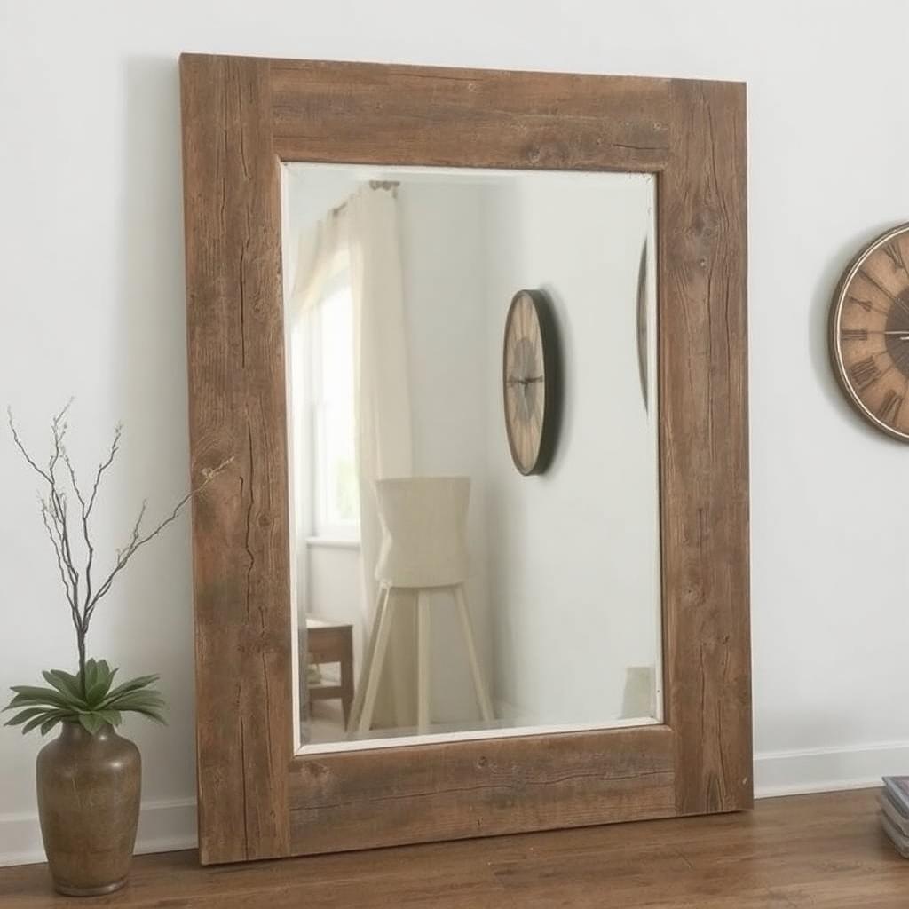 Large vintage mirror framed with barn wood for a rustic look.