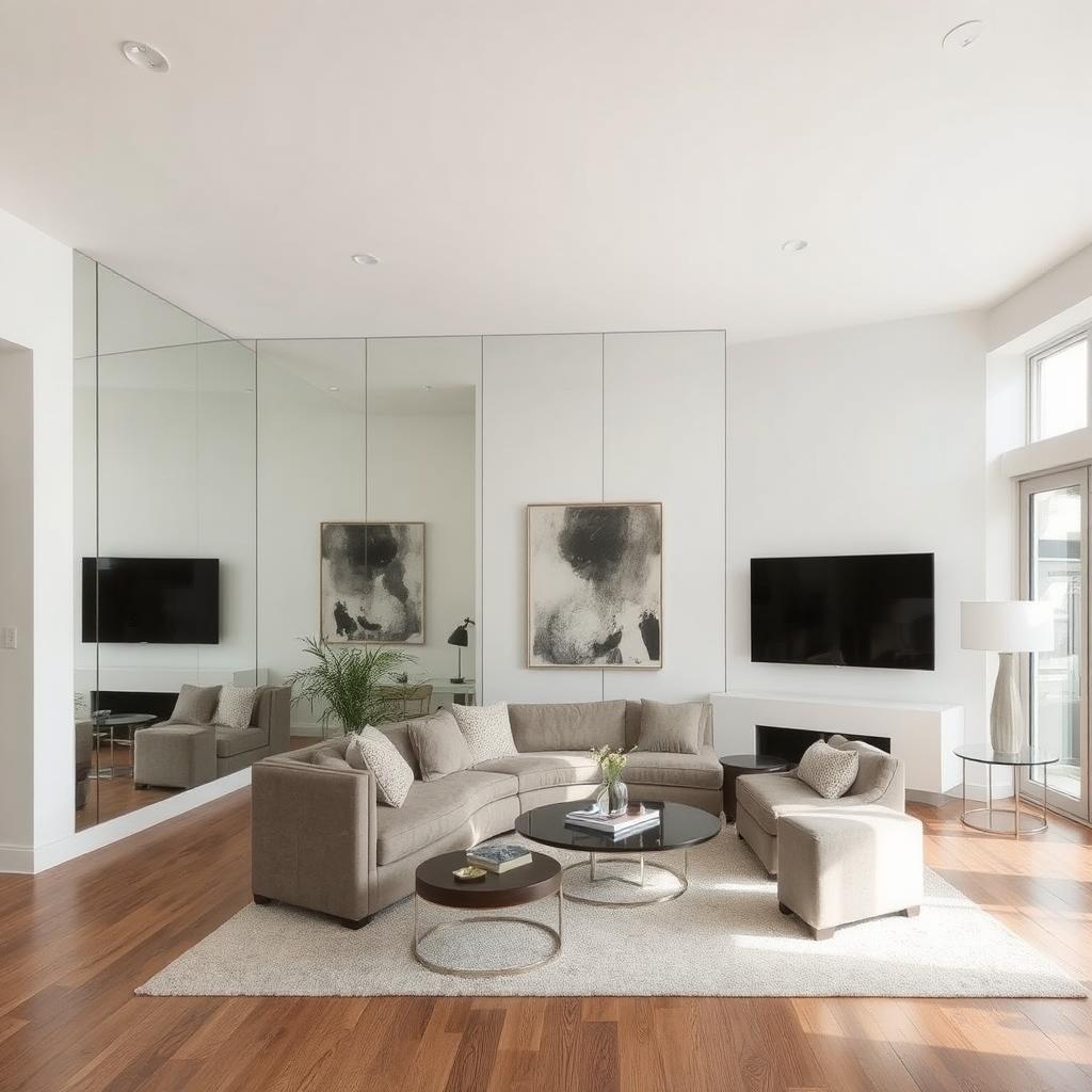 Large living room with a mirrored accent wall—creating a reflective and spacious feel.