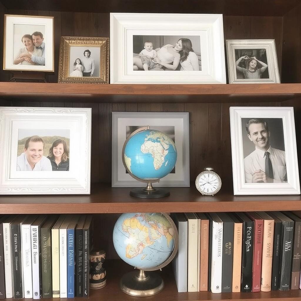 a bookshelf with family photos in chic frames, a small globe from a recent trip, and personal trinkets nestled amongst the books. This creates a cozy, lived-in vibe.