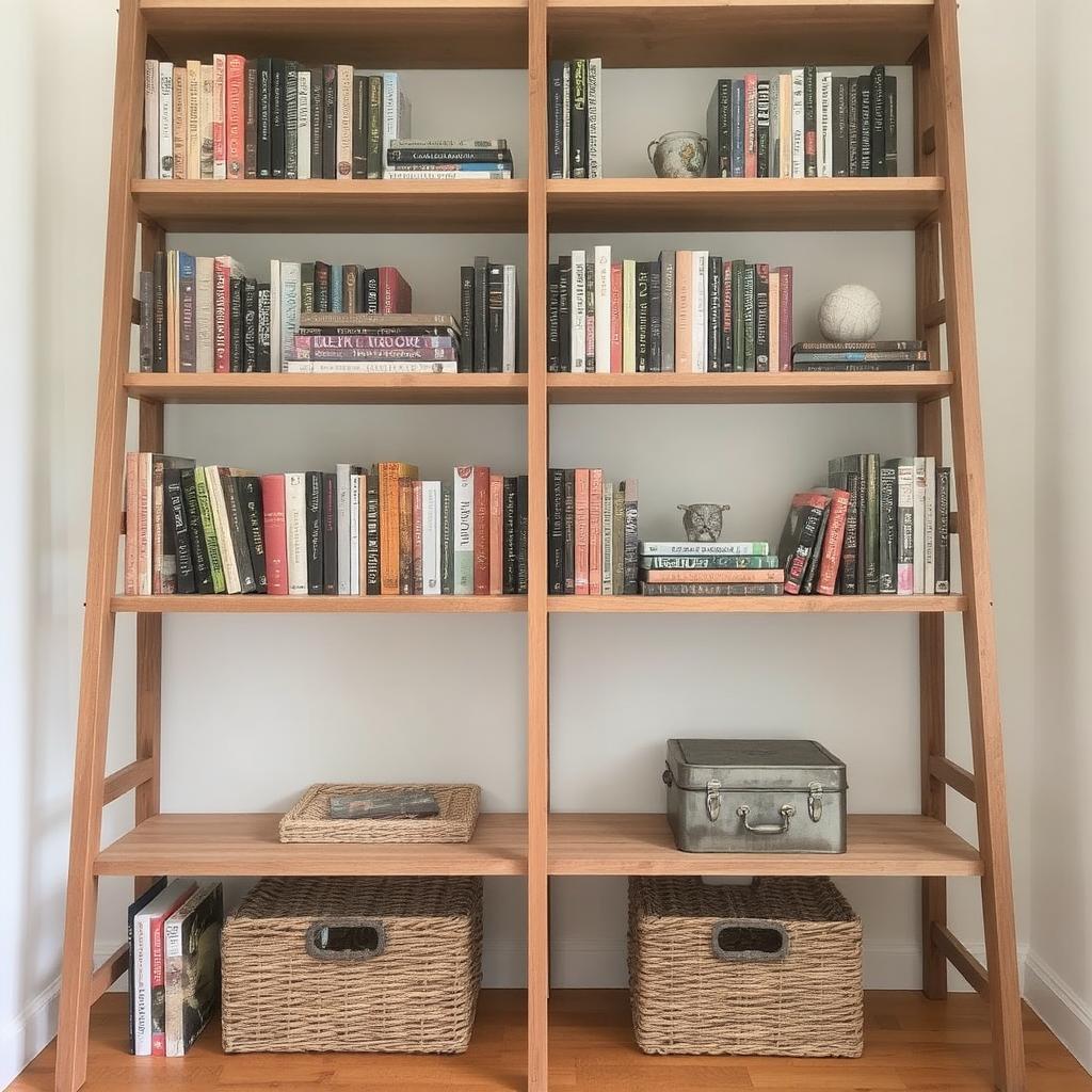 A ladder bookshelf with a couple of woven baskets or metal boxes on the lower shelves, adding both function and texture to the design.