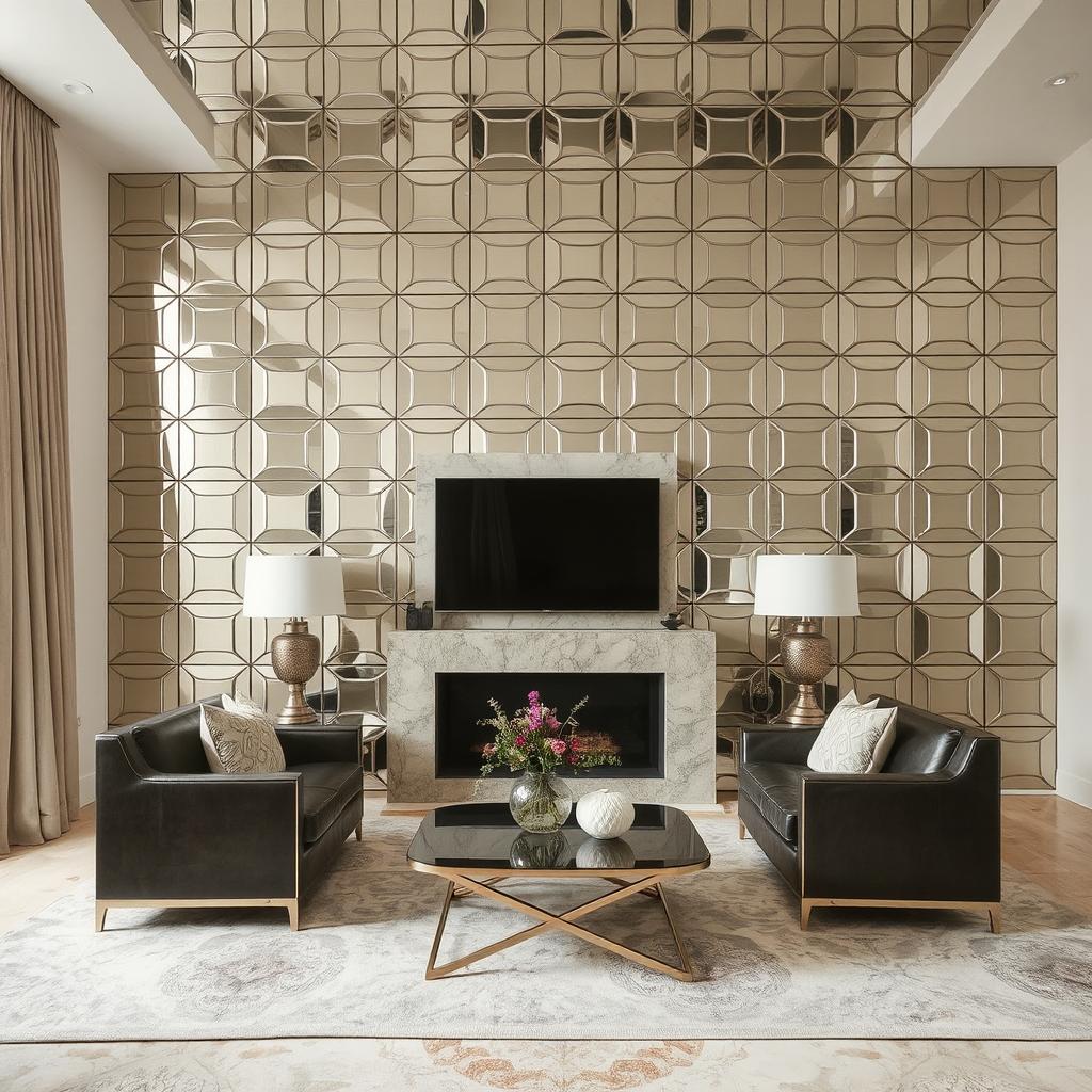 Creative use of mirrored tiles—arranged in a pattern to add interest to a large living room