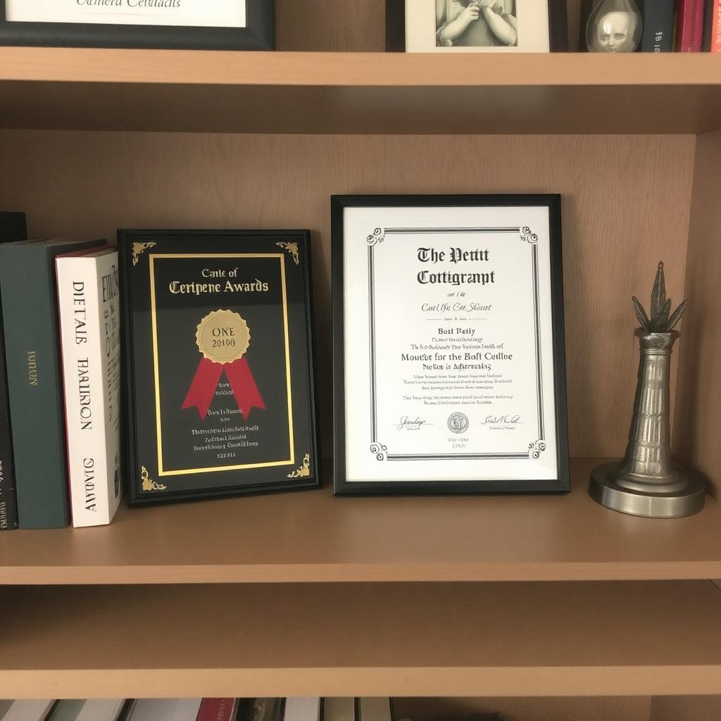 A bookshelf with awards and certificates, neatly displayed alongside books and a few decorative accents.