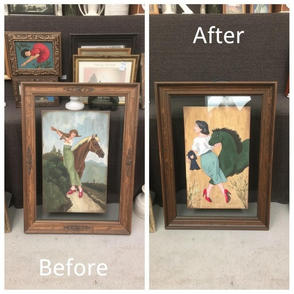 Thrift store finds before and after an upcycle—turning old frames into modern art pieces.