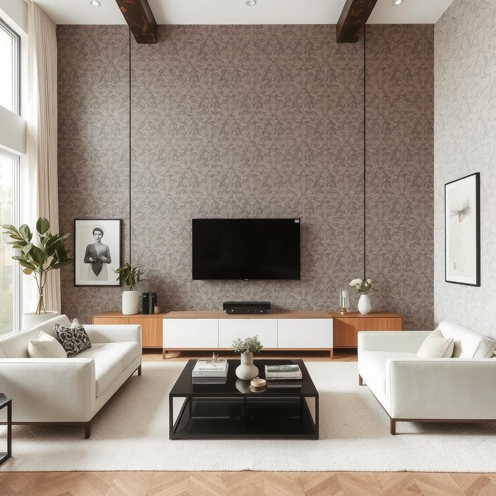 Feature wall in a large living room—decorated with neutral patterned wallpaper to enhance the space