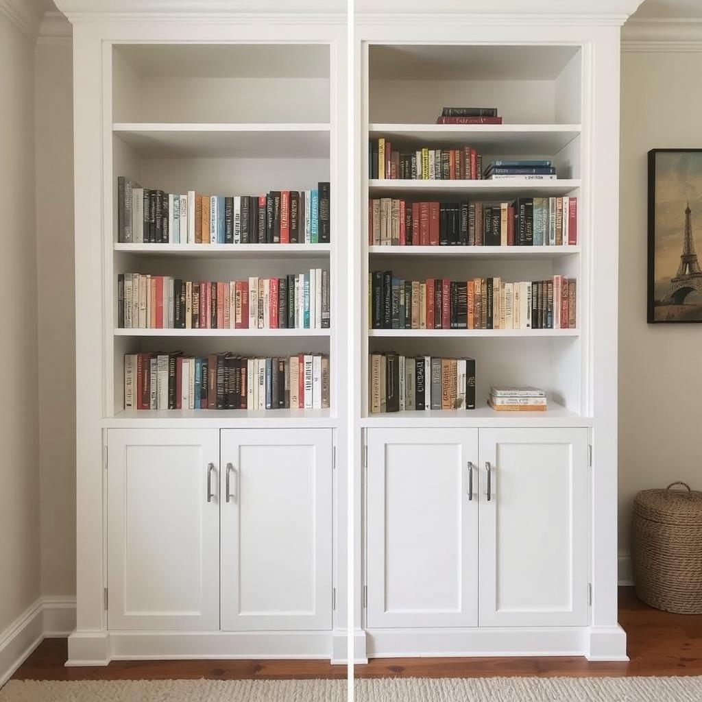 Showcase a built-in bookshelf with one side following a symmetrical design and the other side styled more asymmetrically for contrast.