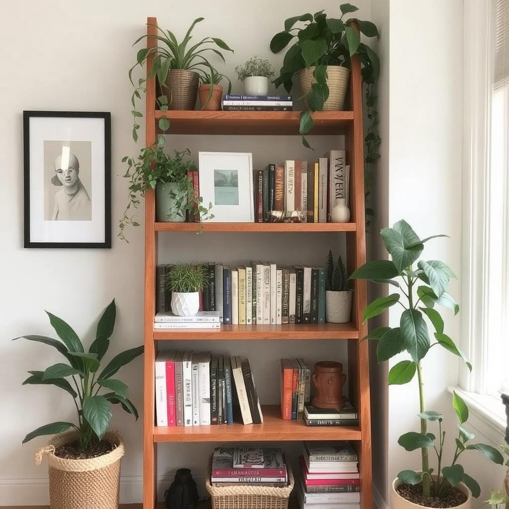 A bookshelf in a small apartment, styled with books, plants, and a few decorative items to keep the space feeling open and organized.