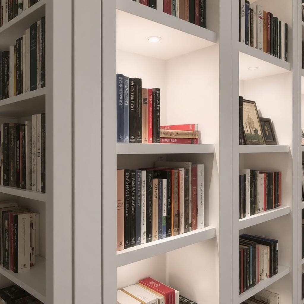 A bookshelf with integrated LED lights or small spotlights shining on books and decor.