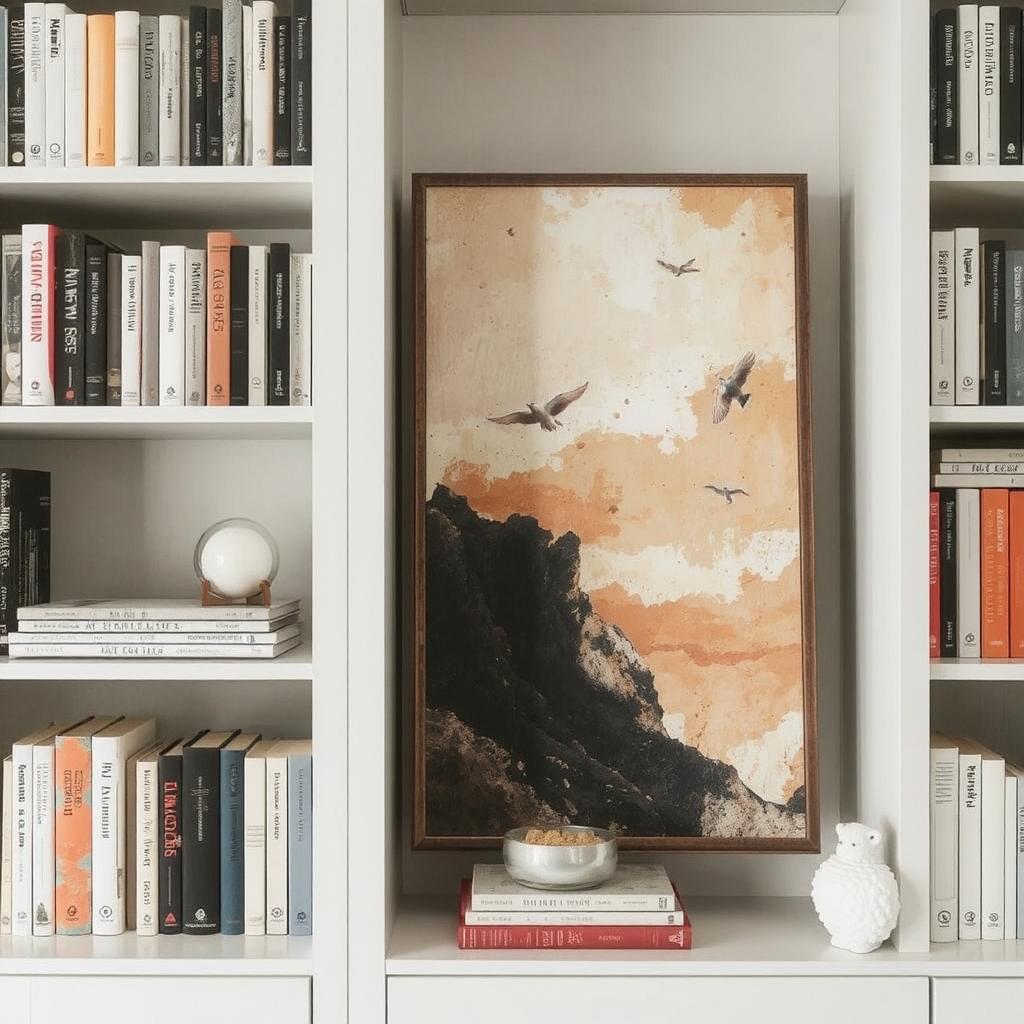 A bookshelf with a large, bold piece of art as the centerpiece, surrounded by a few select books and simple decor.