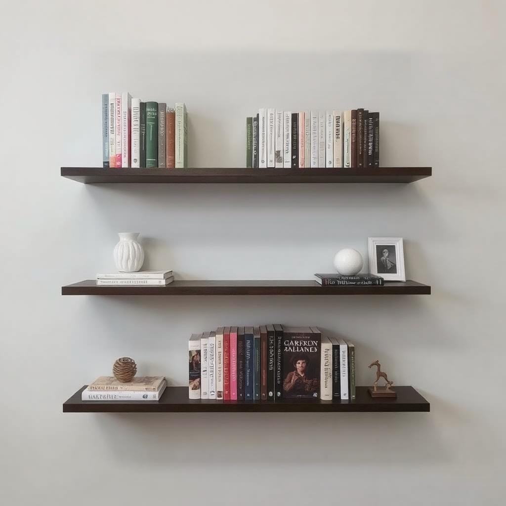 Display a simple, modern room with floating wall-mounted book ledges holding neatly arranged books and small decor items.