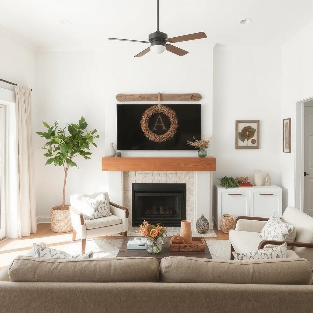 Living room with farmhouse wall decor and white walls