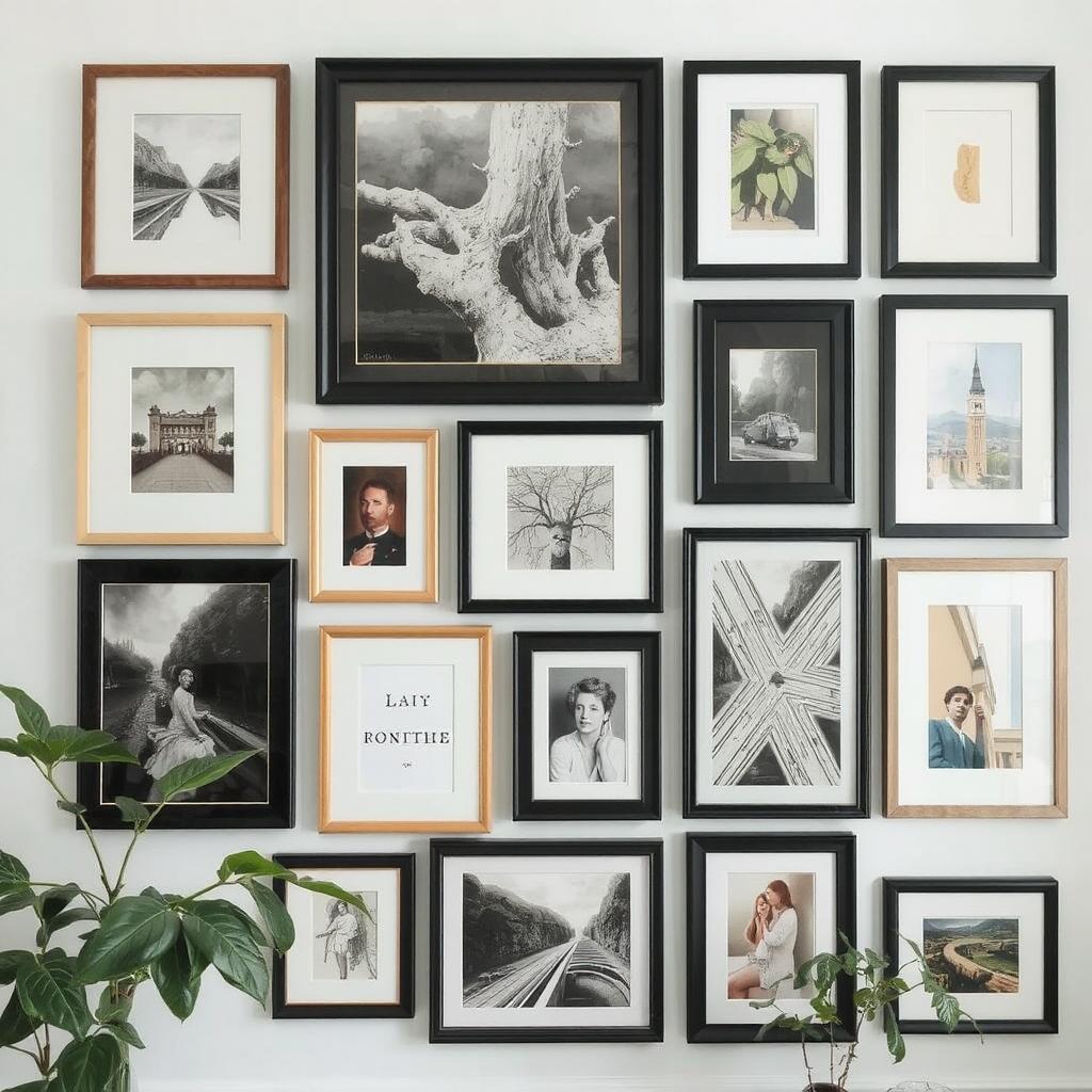 Gallery wall with a mix of frames and artwork styles—adding depth and interest to the space.