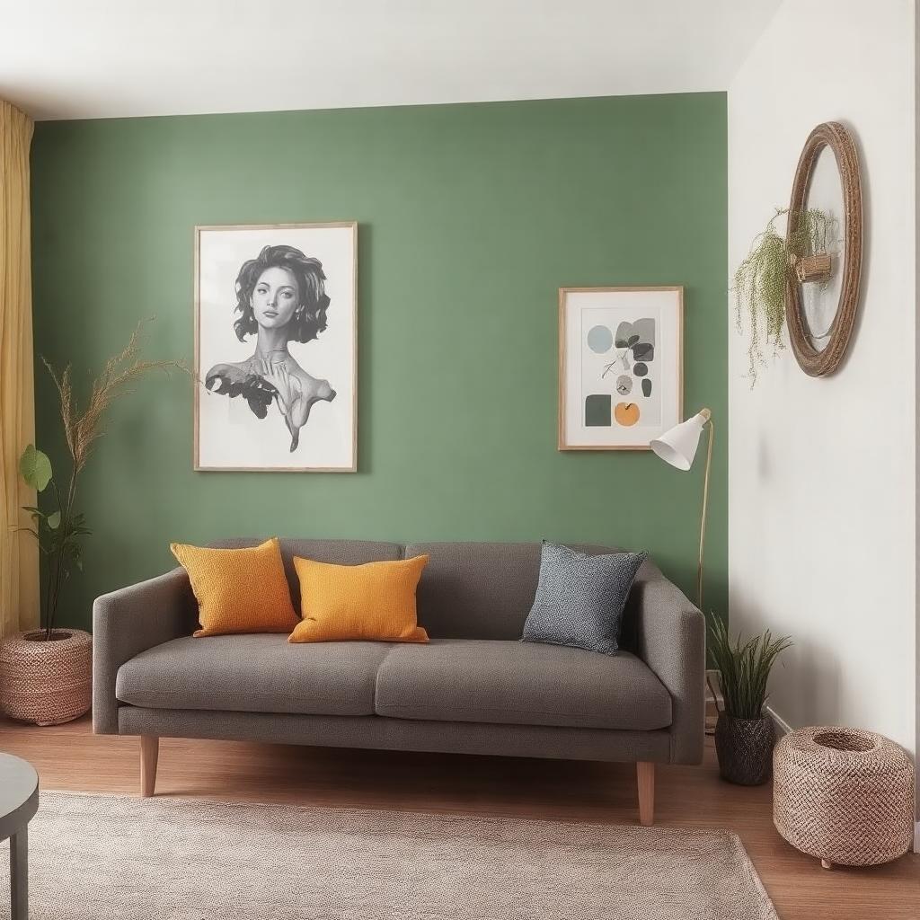 Muted green wall with yellow and blue accents for a fresh living room