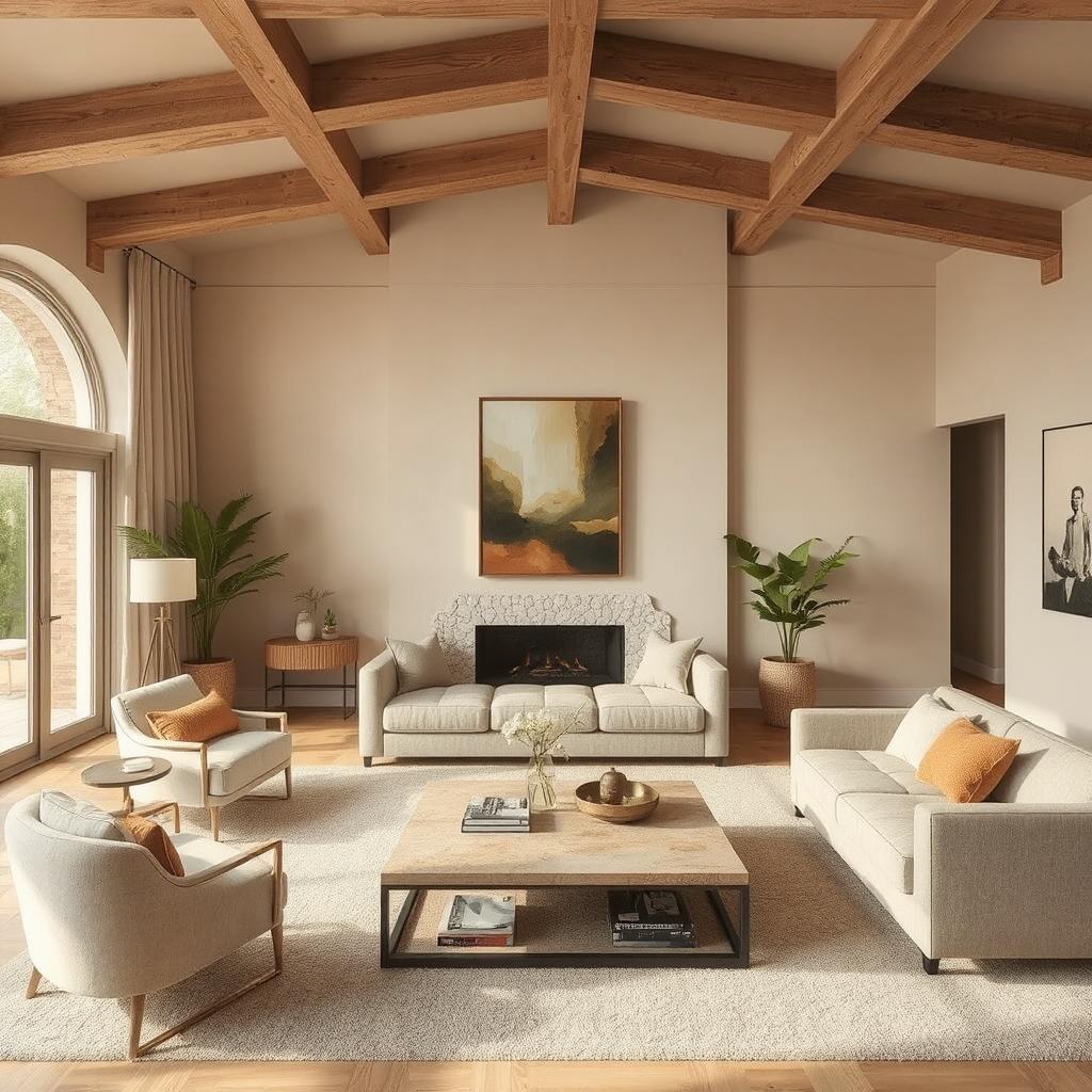 Large living room with a consistent color palette—using texture and layout for visual flow