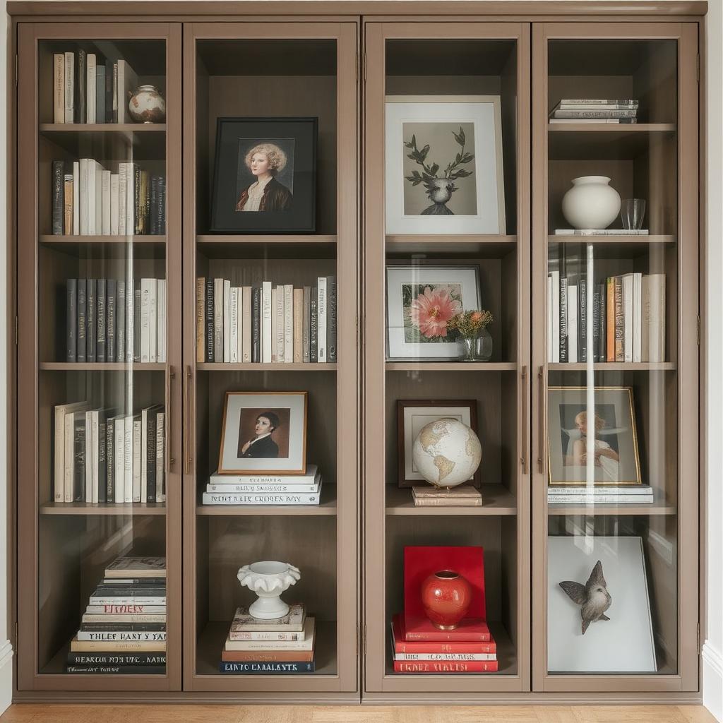 A sleek, glass-doored bookshelf showcasing a collection of books and art pieces, adding a touch of elegance to the room.