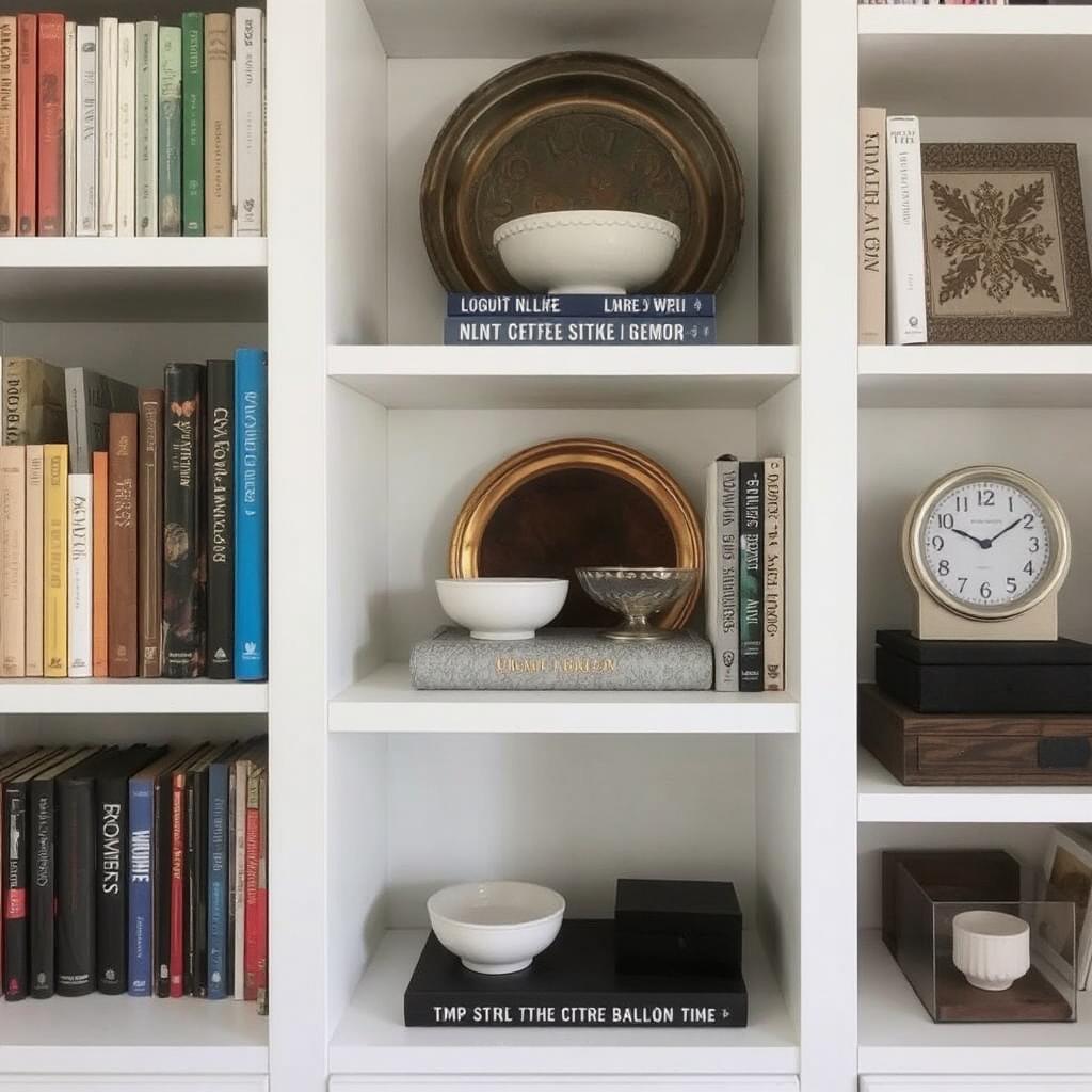 Feature a built-in bookshelf where books are placed alongside decorative trays, bowls, and functional items like a clock or remote controls, blending both aesthetics and practicality.