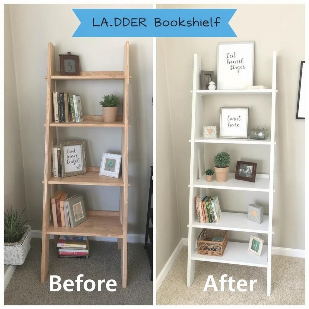 A before-and-after image of a DIY ladder bookshelf makeover—showing a newly painted or decorated bookshelf with personalized touches.