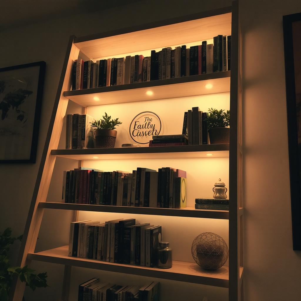 A ladder bookshelf illuminated by soft, warm lights, highlighting the books and decor, creating a cozy and inviting atmosphere.