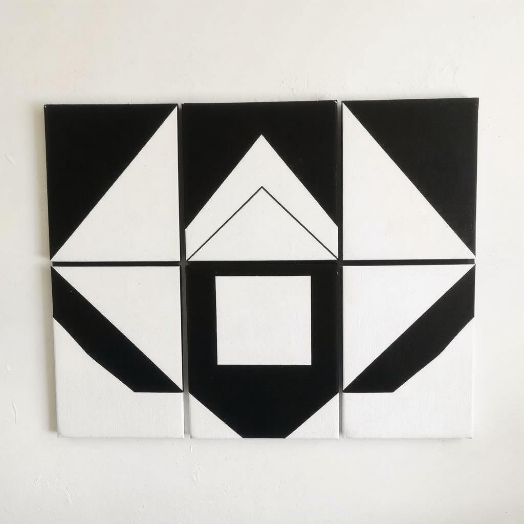 A DIY geometric canvas art piece in black and white, displayed on a white wall.