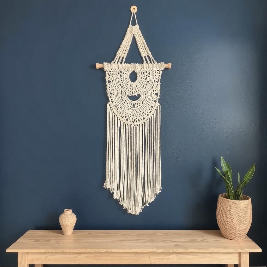 A beige macramé wall hanging on a navy-blue accent wall above a simple wooden bench.