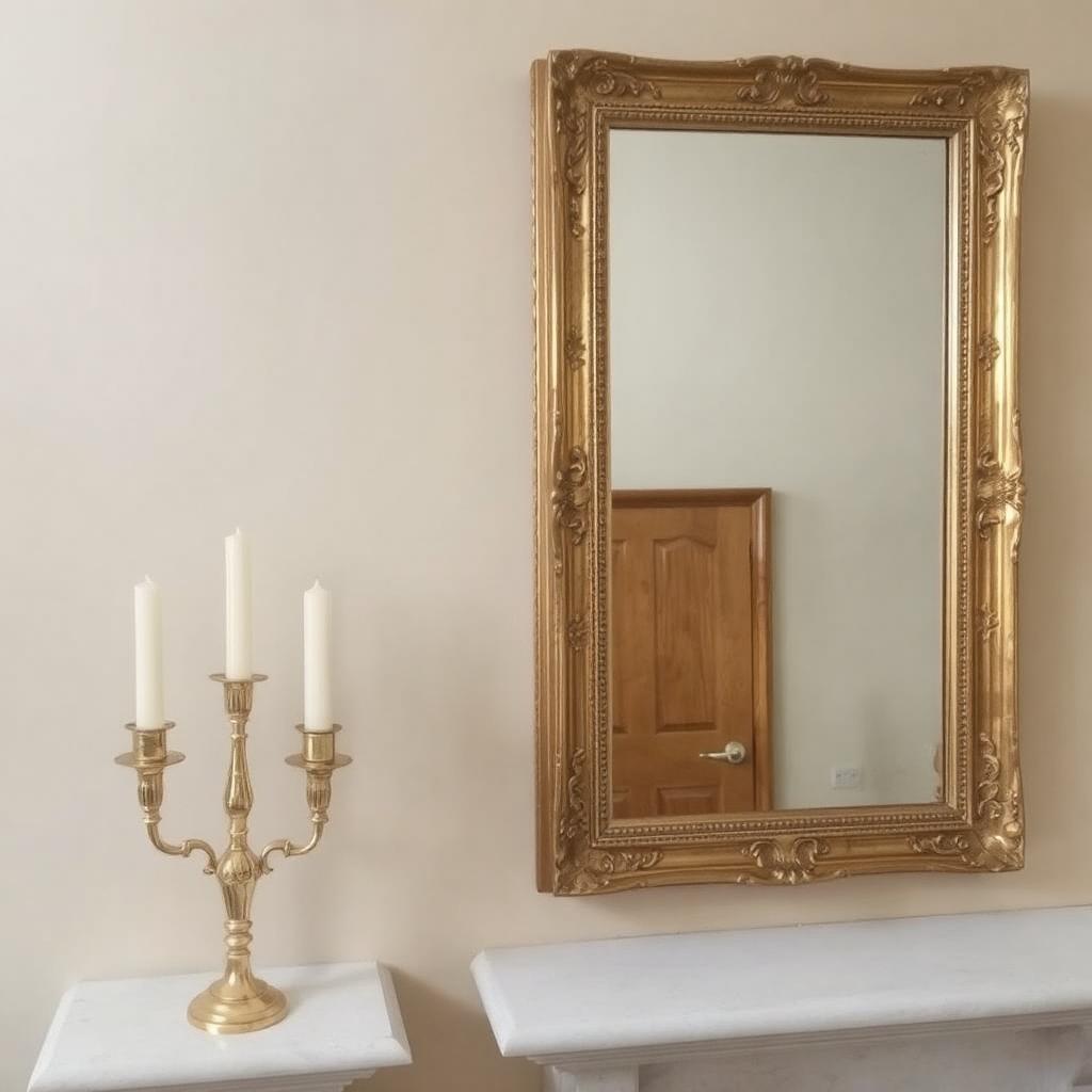 A beige wall with a gold-framed mirror and matching gold candle holders on a nearby shelf.