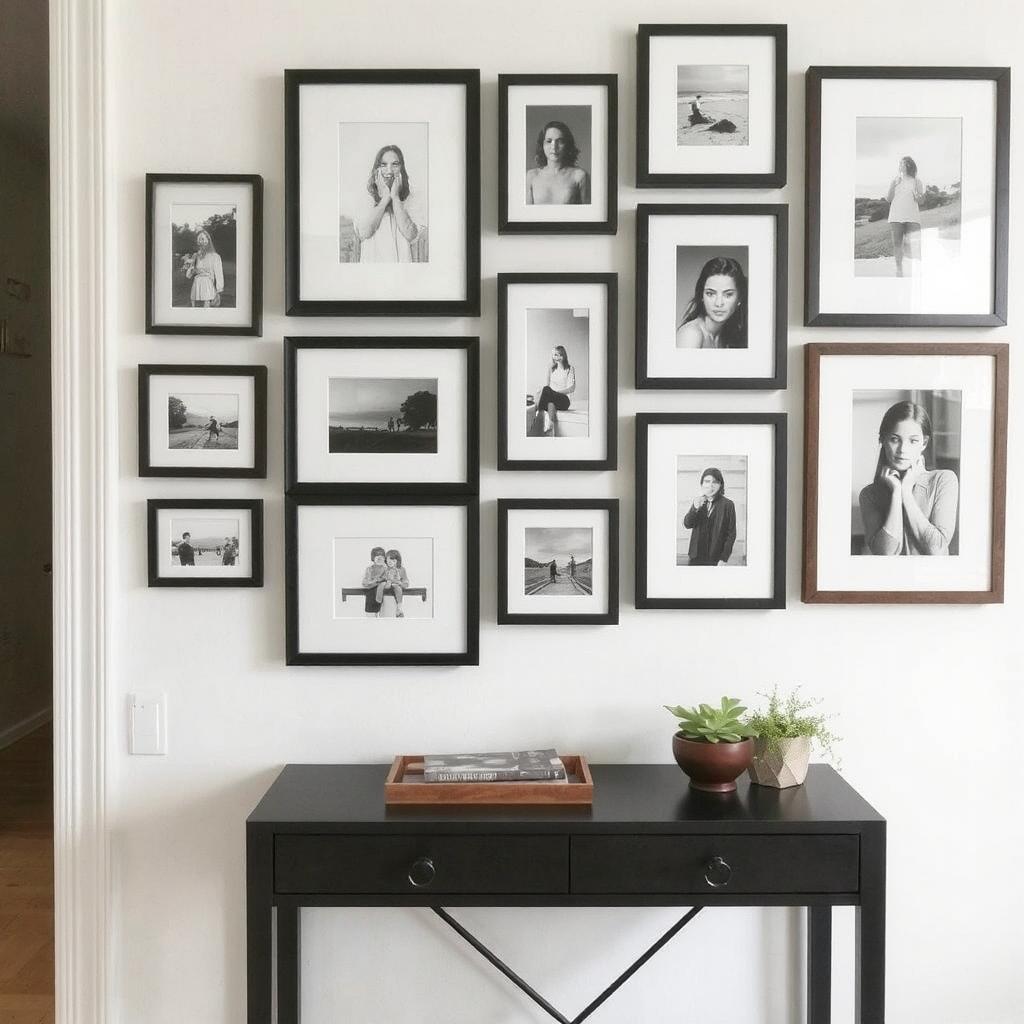 Wall Decor Ideas for Small Spaces- A close-up of a small gallery wall with black-and-white photos in matching frames arranged above a compact console table. 