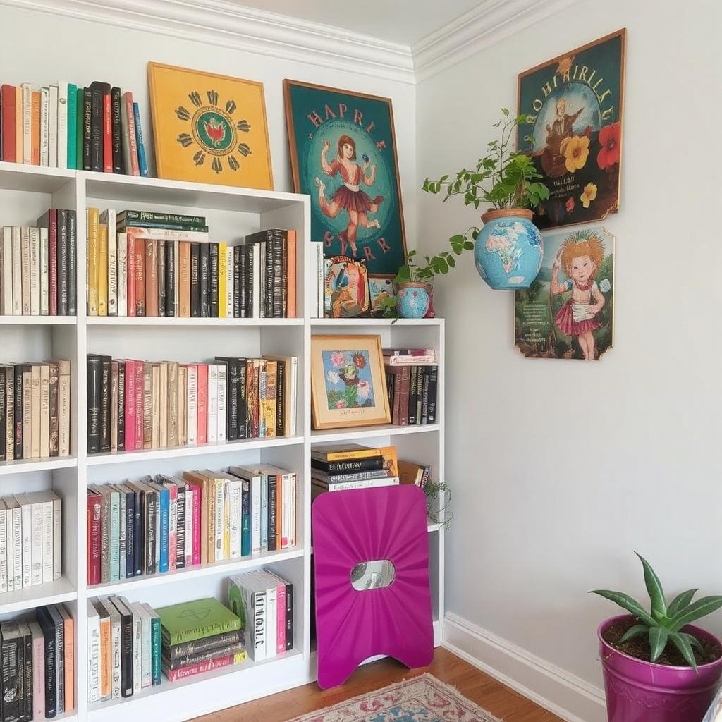 A colorful corner bookshelf with vibrant decor and books.