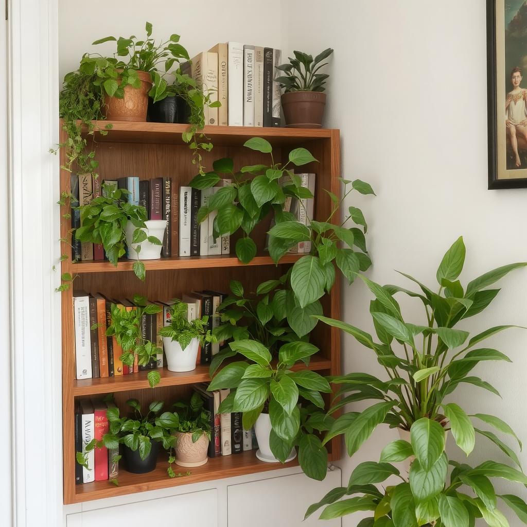 A-corner-bookshelf-filled-with-plants-and-greenery