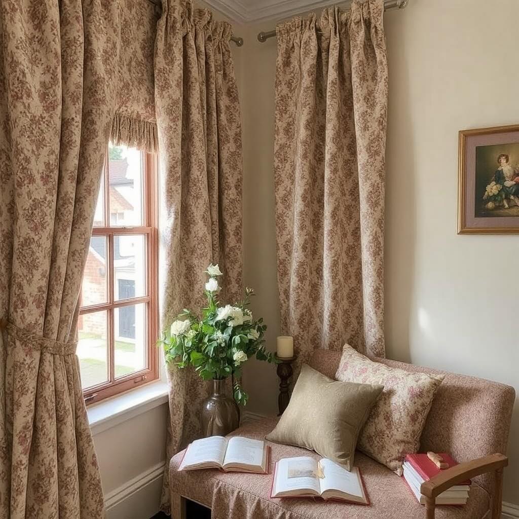 A cozy reading nook featuring chenille curtains.