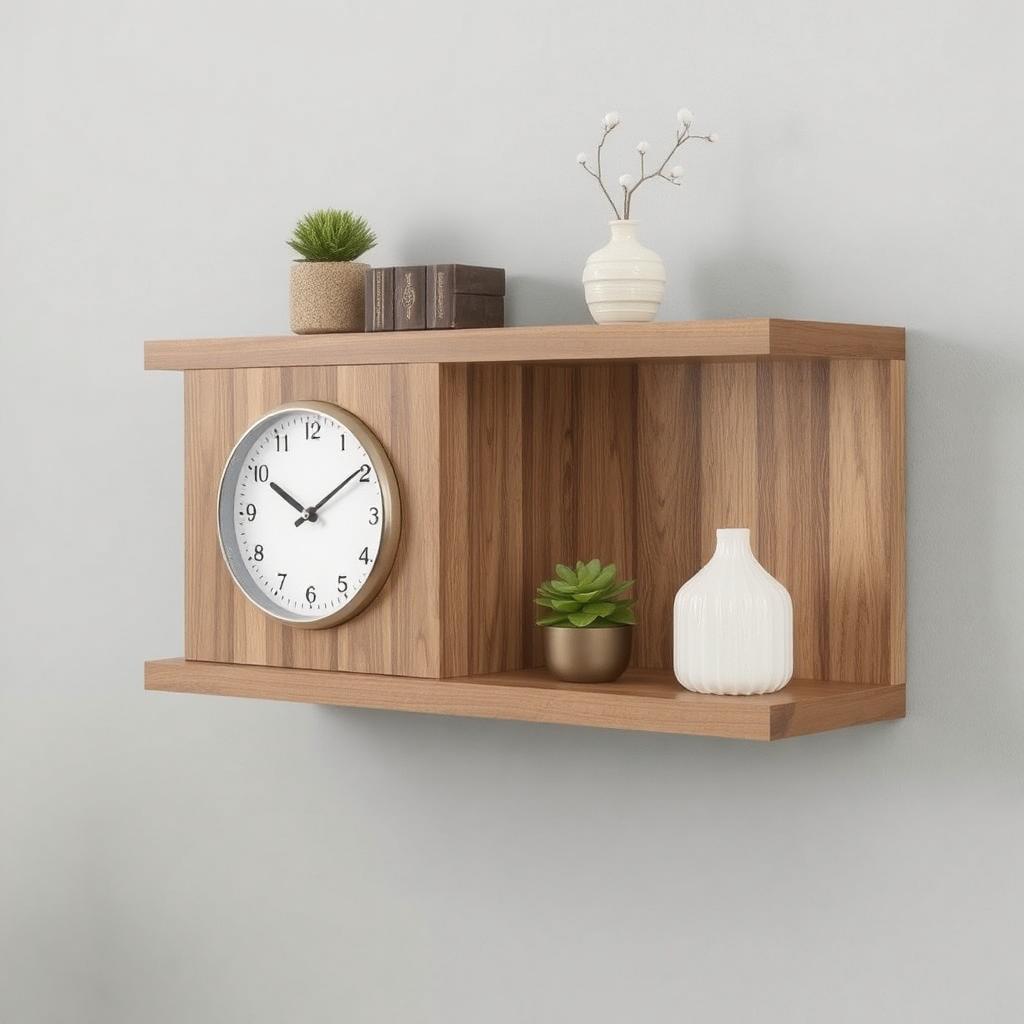 A floating shelf with a wall clock integrated into its design, holding decorative items like a small plant.