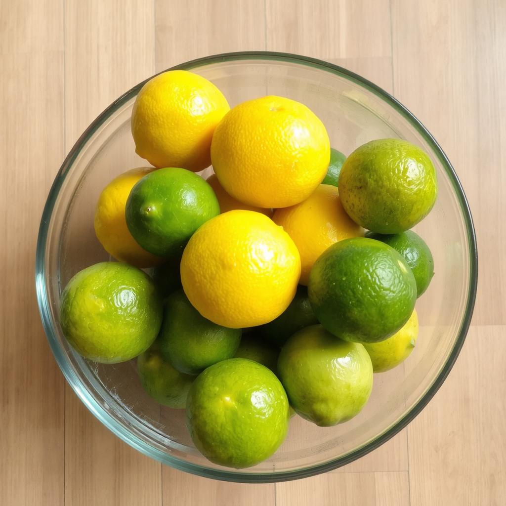 A glass bowl filled with lemons and limes.