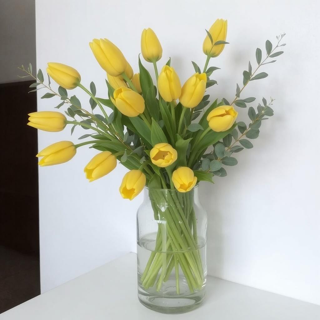 A glass vase filled with yellow tulips and sprigs of eucalyptus.