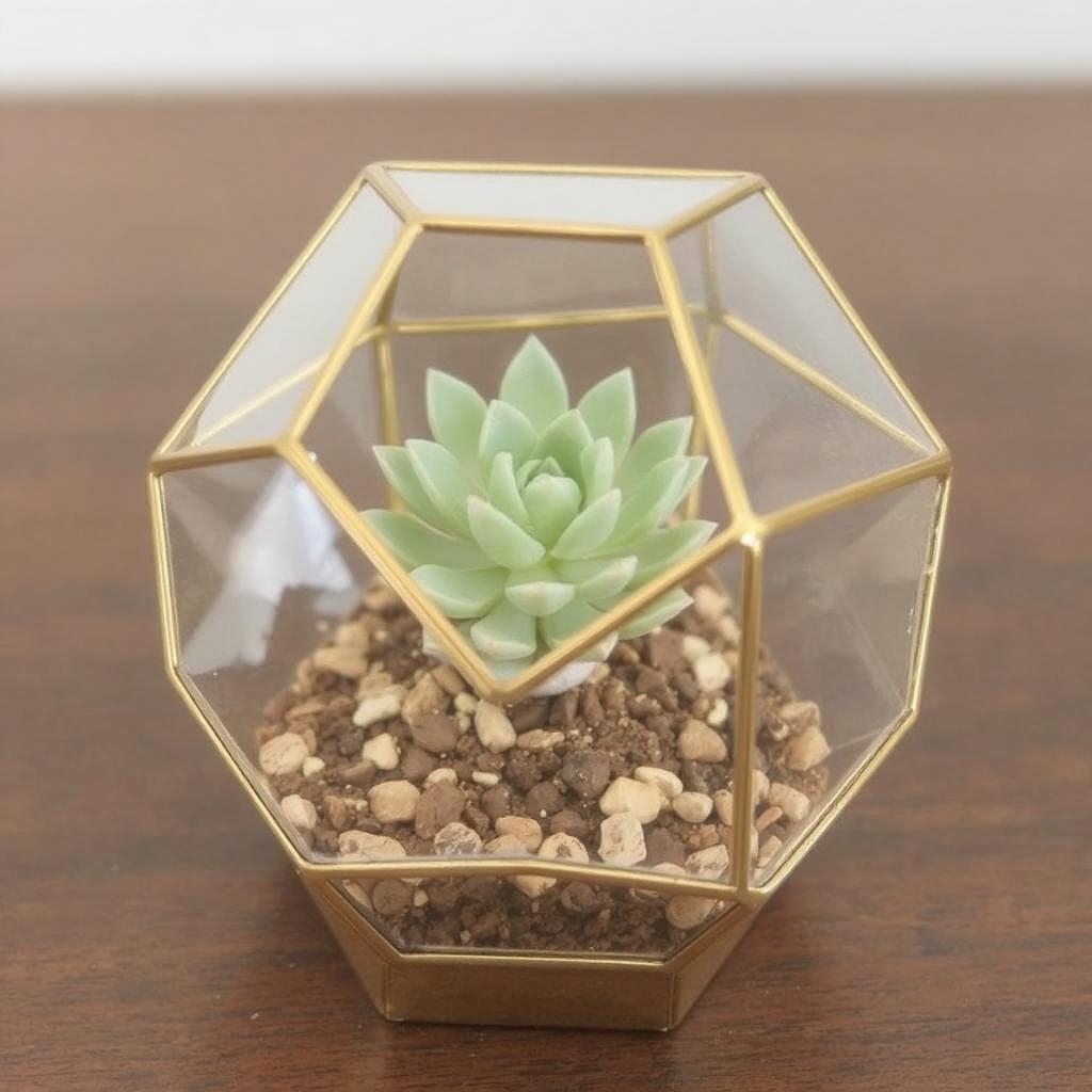 A gold geometric terrarium with a small succulent inside.