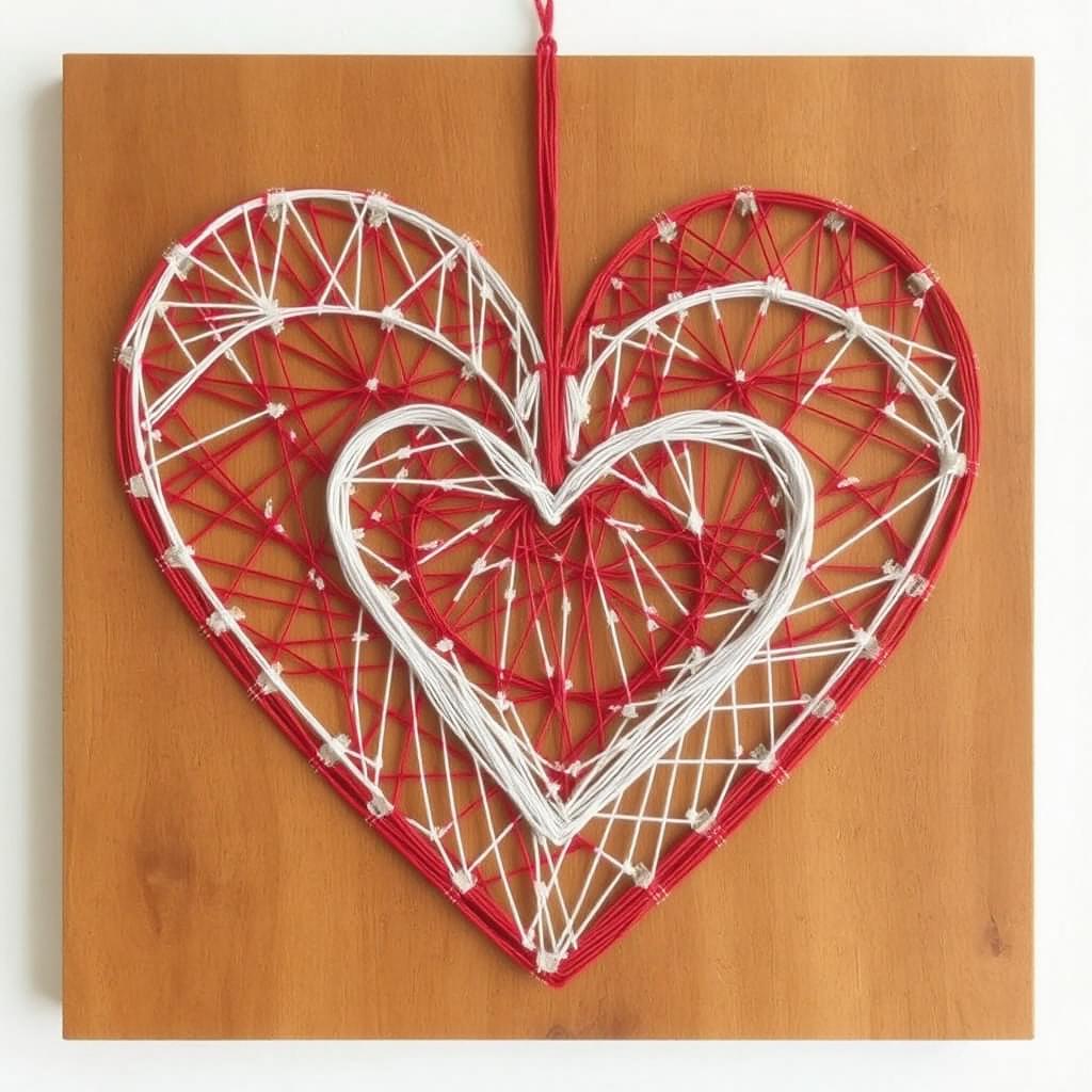 DIY Wall Decor A heart-shaped string art piece in red and white. DIY Wall Decor Art piece 