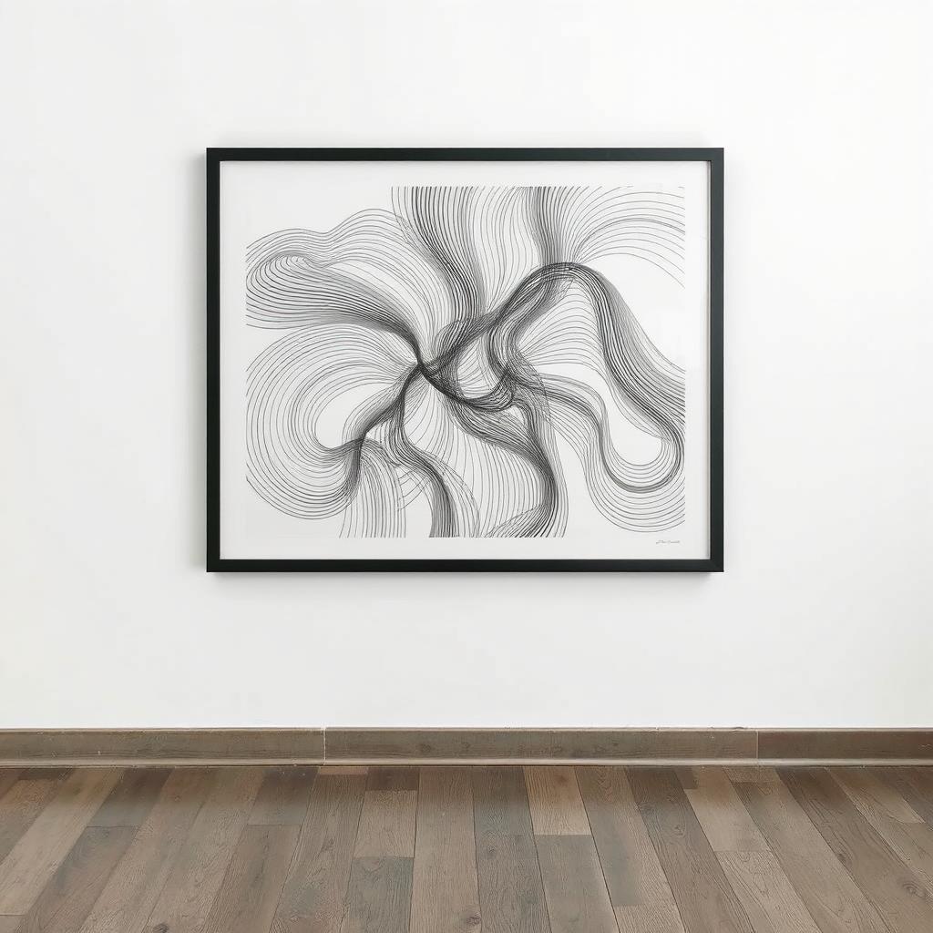 A large black-and-white line drawing framed in a thin black frame.