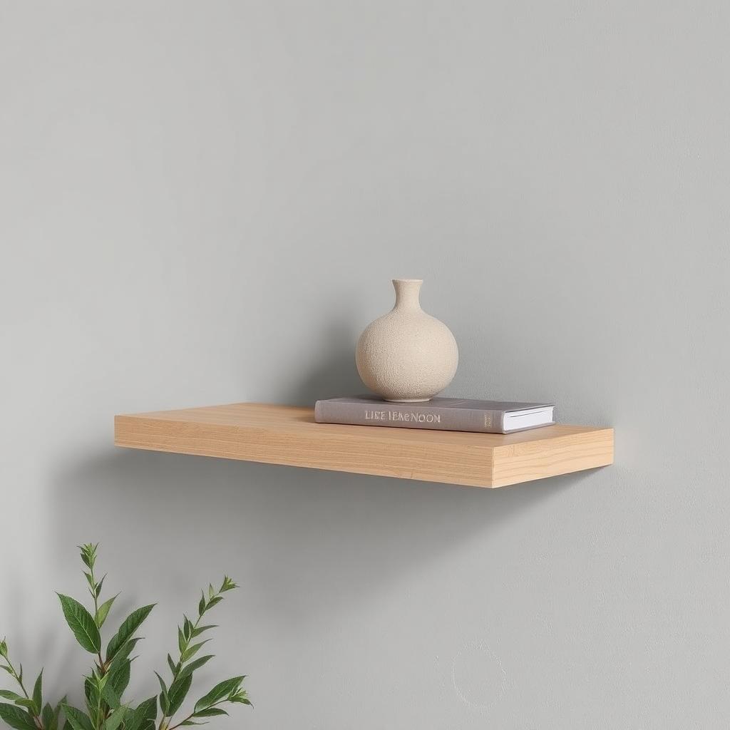 A light oak floating shelf with a single ceramic vase and a monochromatic book.