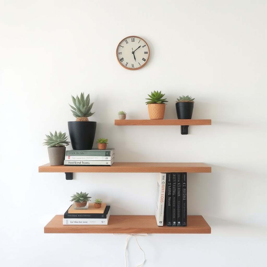 A minimalist floating shelf setup featuring succulents, books, and a small clock mounted on a white wall.