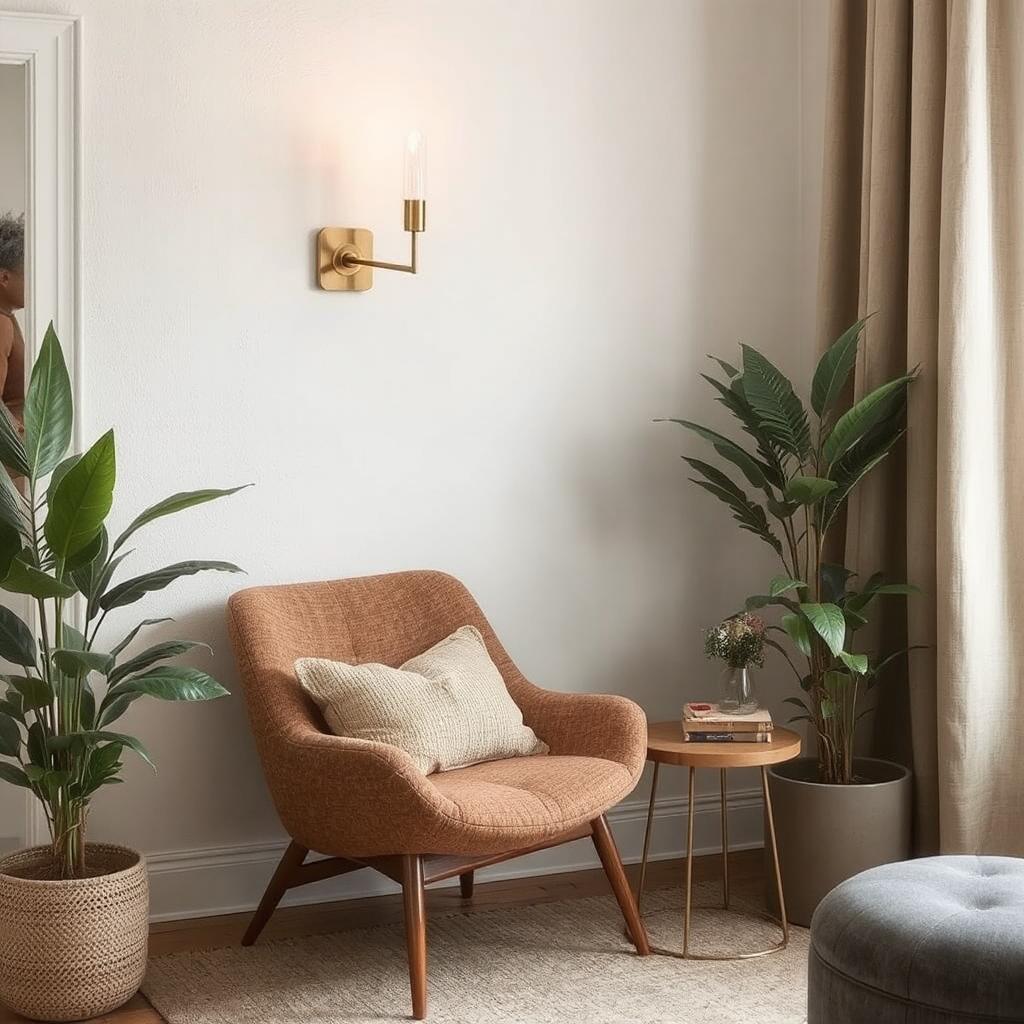 A modern brass wall sconce next to a cozy armchair with a small side table below it optimise it for Wall Decor Ideas for Small Spaces