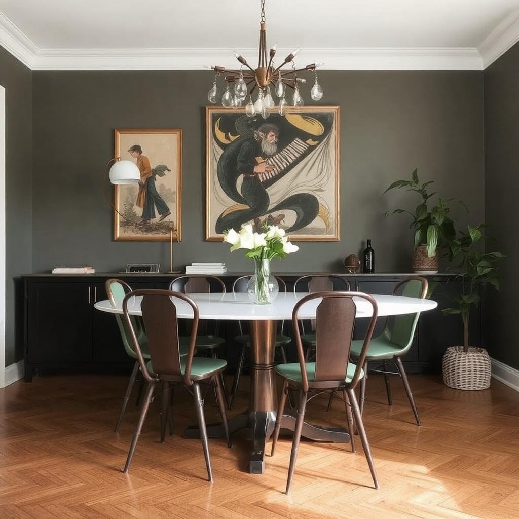 A modern dining table paired with vintage chairs