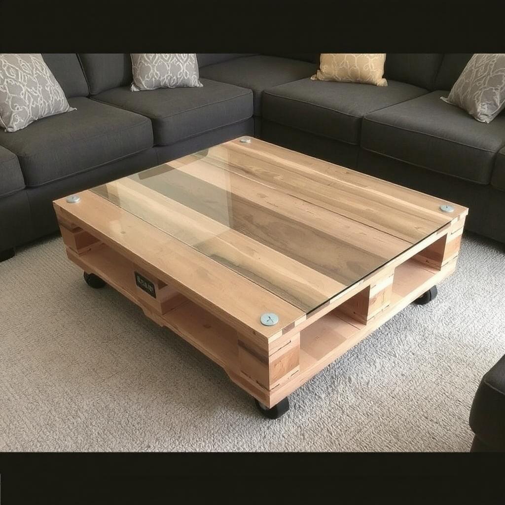 A pallet coffee table with wheels and a clear glass top, surrounded by a sofa and throw pillows.